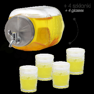 Słój Szklany na Lemoniadę 4L z Kranikiem + 4 szklanki
